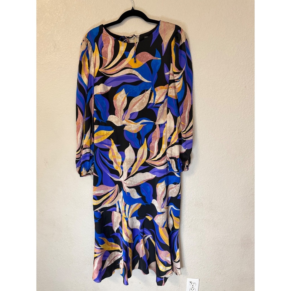 Maggy London Blue Purple Botanical Leaf Print Ruffle Hem Midi Dress Size 14 - Picture 2 of 12